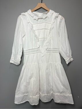 Simple Retro White Cotton Ruffle Prairie Dress Cottagecore Boho Size L